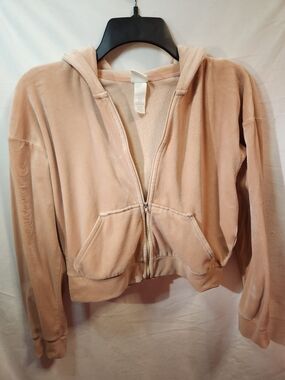 H&M Plush Velvety Full Zip Cropped Hoodie Jacket in Blush Pink Size S